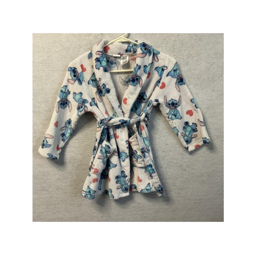 Disney Stitch Robe Girls 6/6X White Blue Plush Fleece Bathrobe Hearts Belted